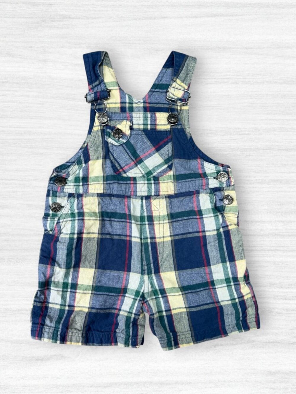 Vintage Radishes & Roses Plaid Shortalls Overalls 24M Cotton Romper Retro 90s
